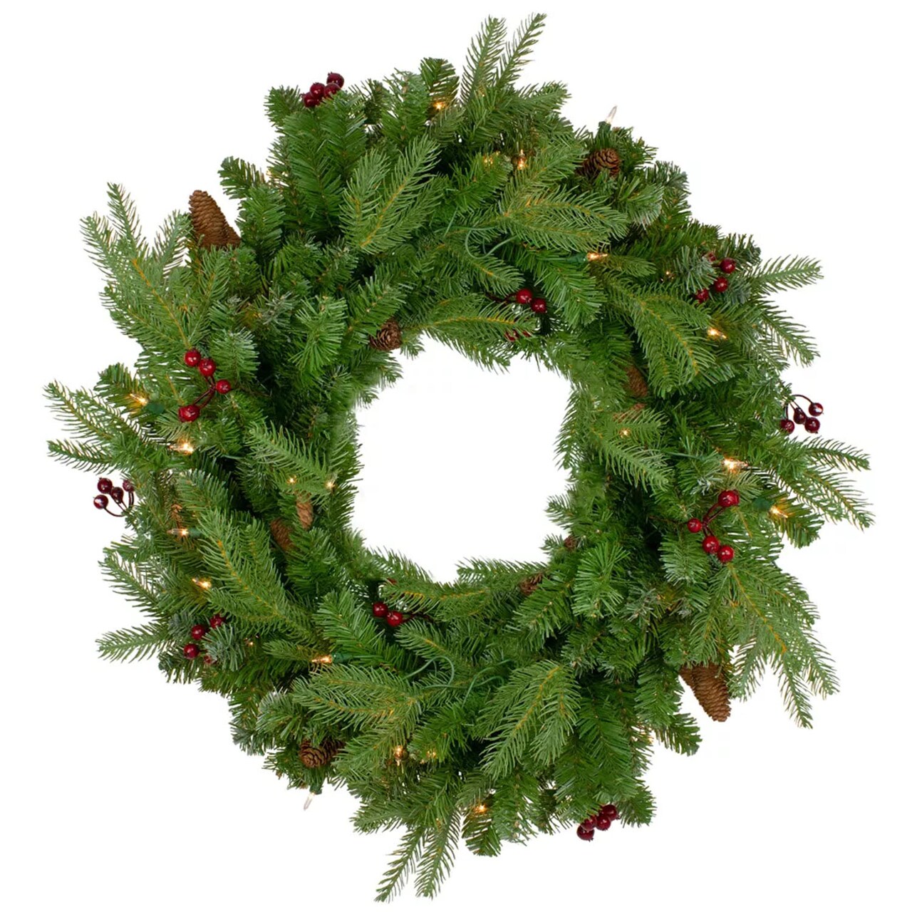 Real Touch Pre Lit Mixed Winter Berry Pine 24 Inch Christmas Wreath